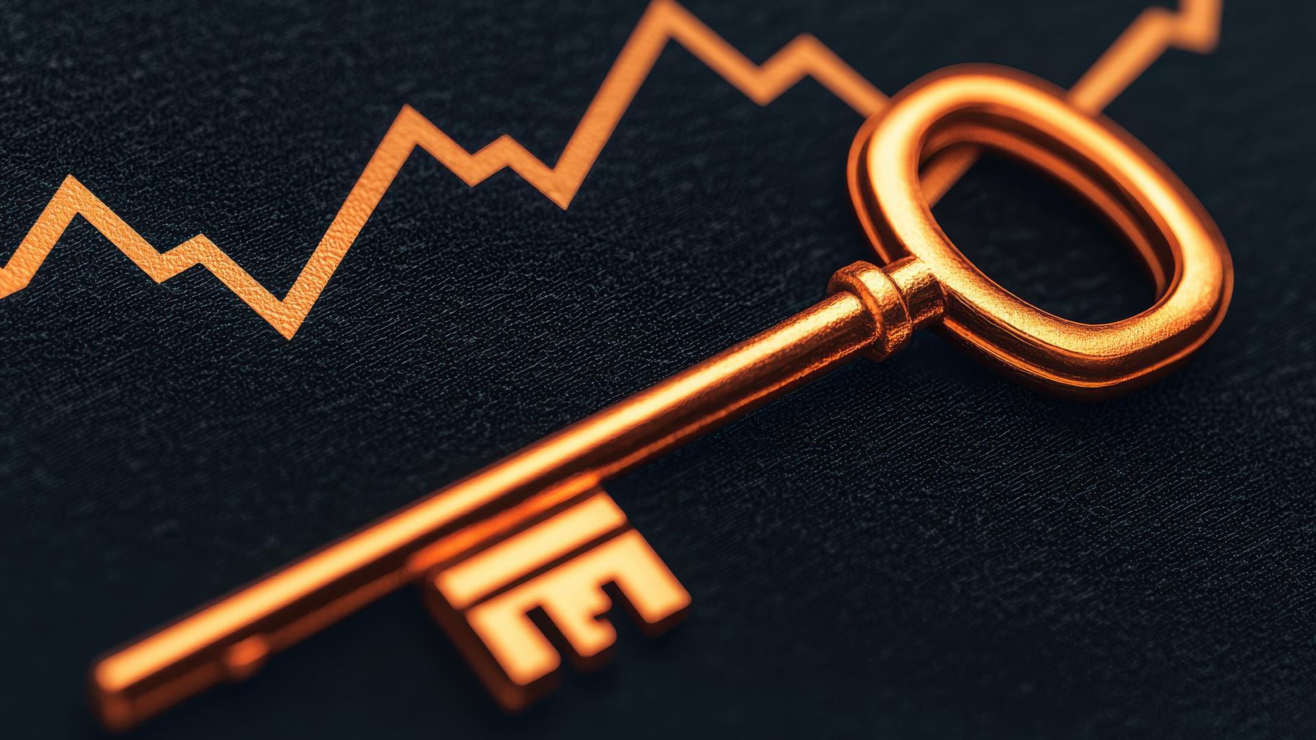 A picture of a financial data graph overlaid by an old-fashioned key.
