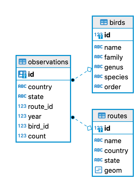 birds.birds, birds.routes, and birds.observations ER diagrams