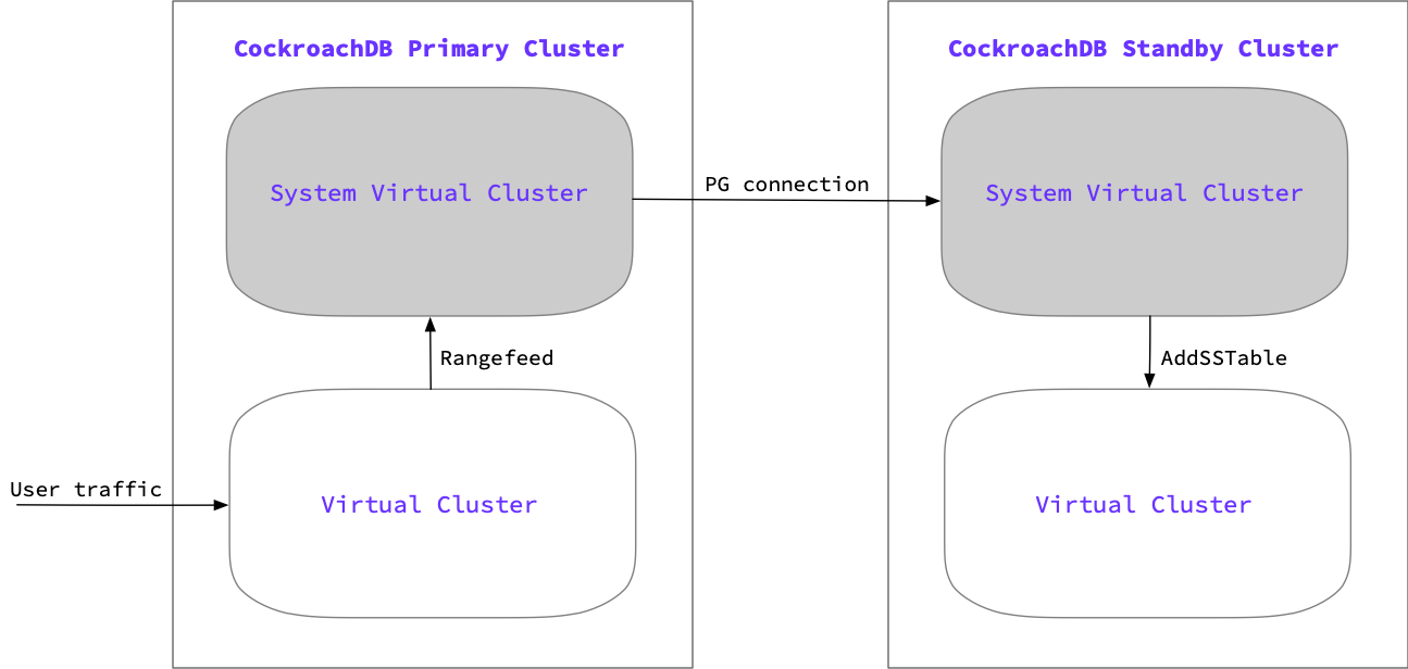 Two virtualized clusters with system virtual cluster and application virtual cluster showing the directional stream.