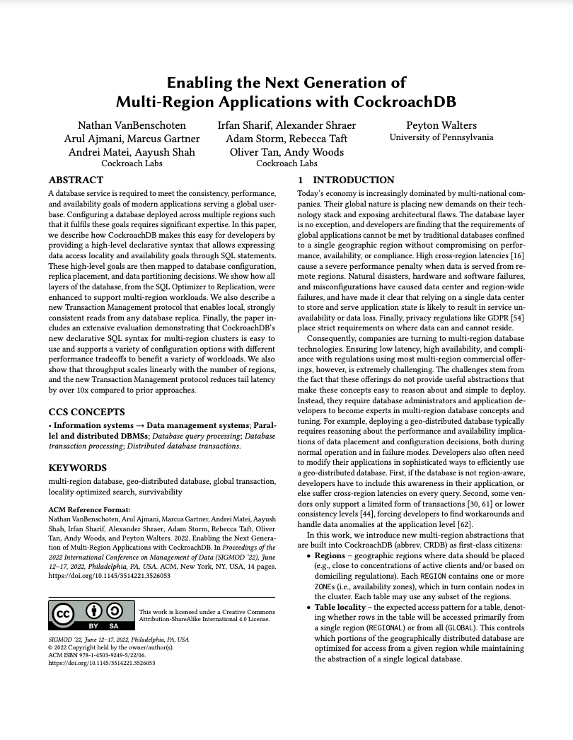 SIGMOD 2022: Enabling the Next Generation of Multi-Region Applications with CockroachDB